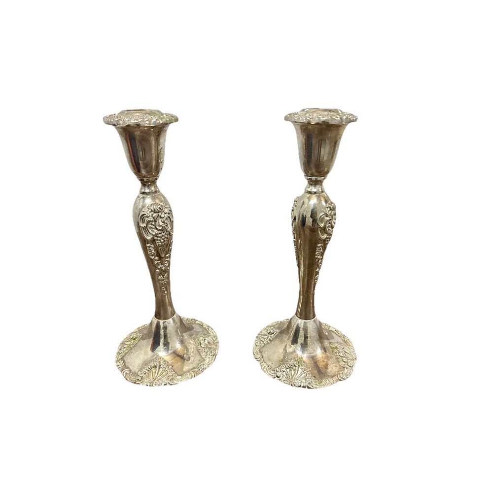 Vtg Godinger Silverplate 10” Candlesticks Set 2 Baroque Ornate Scroll